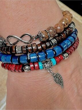 Handmade Red, Blue & Brown Beaded Bracelet Set with Leaf Charm
